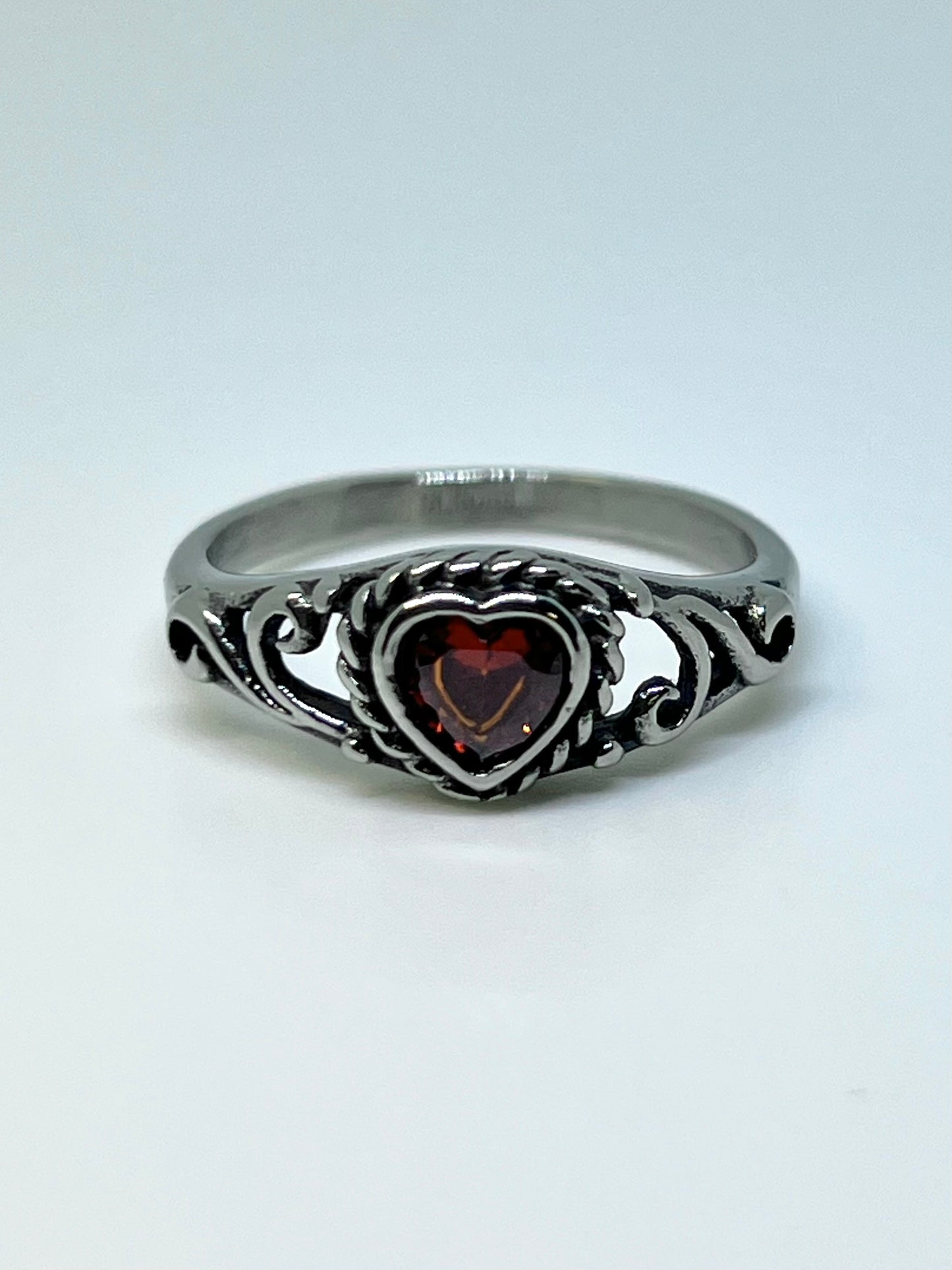 Silvery Stainless Steel Ring with Red Heart CZ Gem