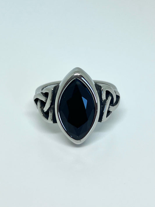 Silvery Stainless Steel Ring with Black Marquise CZ Gem