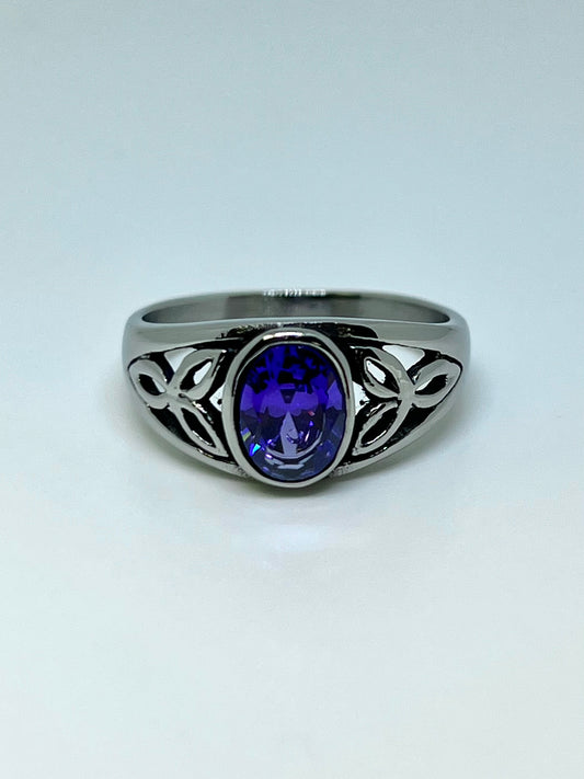 Silvery Stainless Steel Ring with Lavender Oval CZ Gem