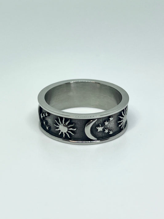 Silvery Stainless Steel Sun & Moon Ring