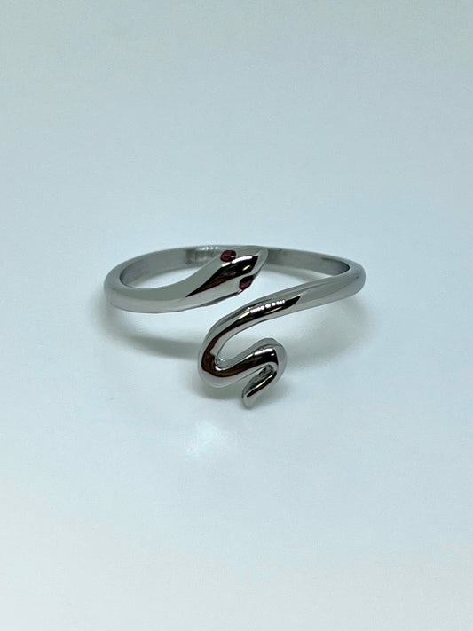 Silvery Stainless Steel Garden Snake Ring with Red CZ Gem Eyes