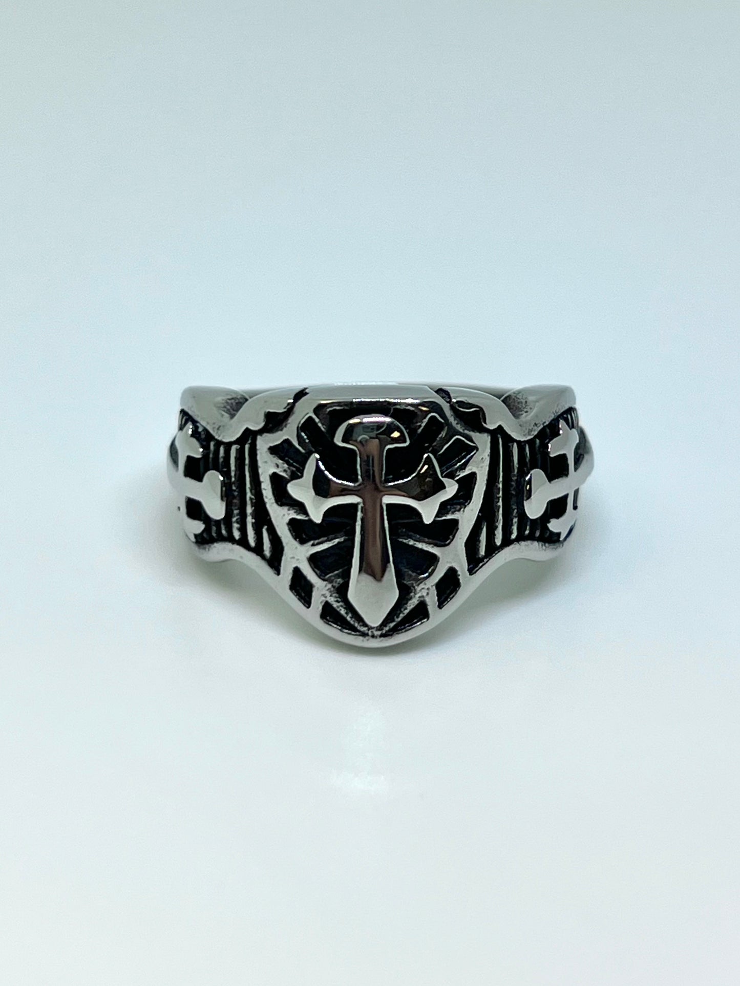 Silvery Stainless Steel Cross Shield Ring