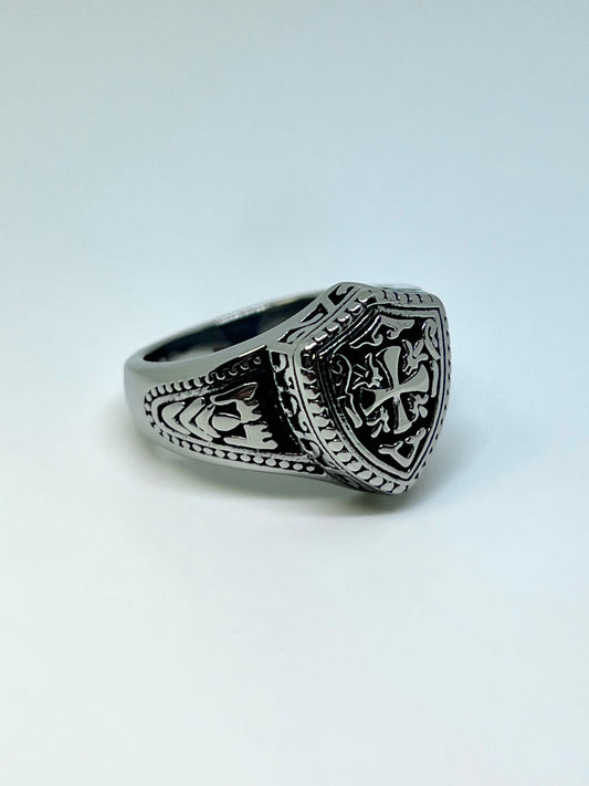 Silvery Stainless Steel Detailed Shield Ring