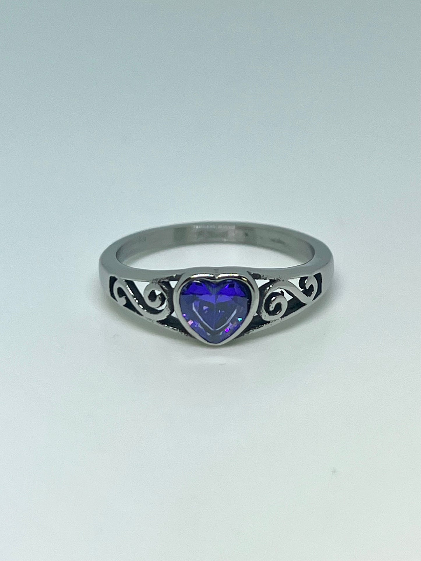 Silvery Stainless Steel Ring with Purple Heart CZ Gem