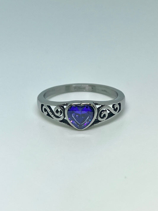 Silvery Stainless Steel Ring with Purple Heart CZ Gem