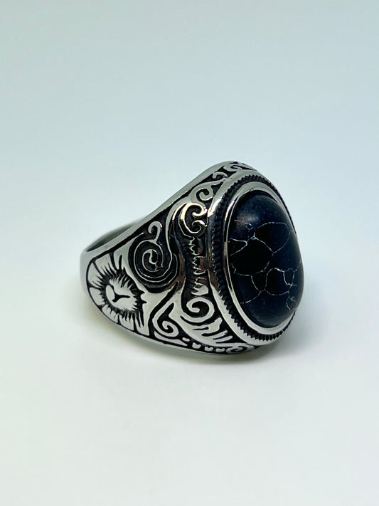 Silvery Stainless Steel Black Stone Ring