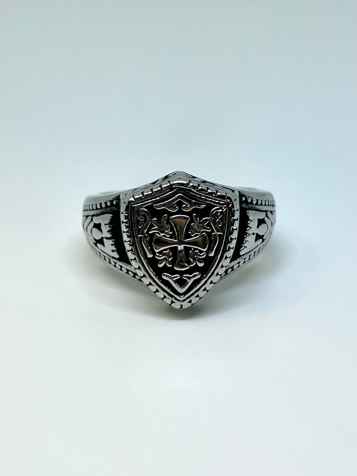 Silvery Stainless Steel Detailed Shield Ring