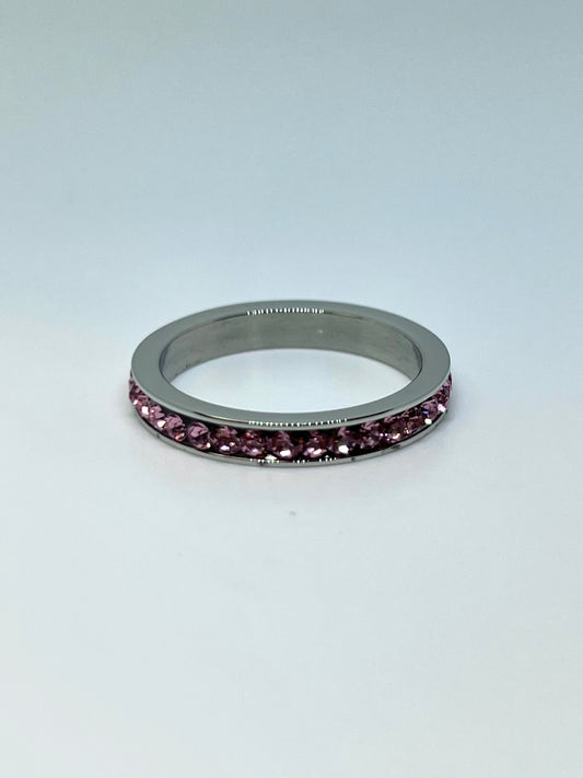 Silvery Stainless Steel Ring with Mini Pink CZ Gems