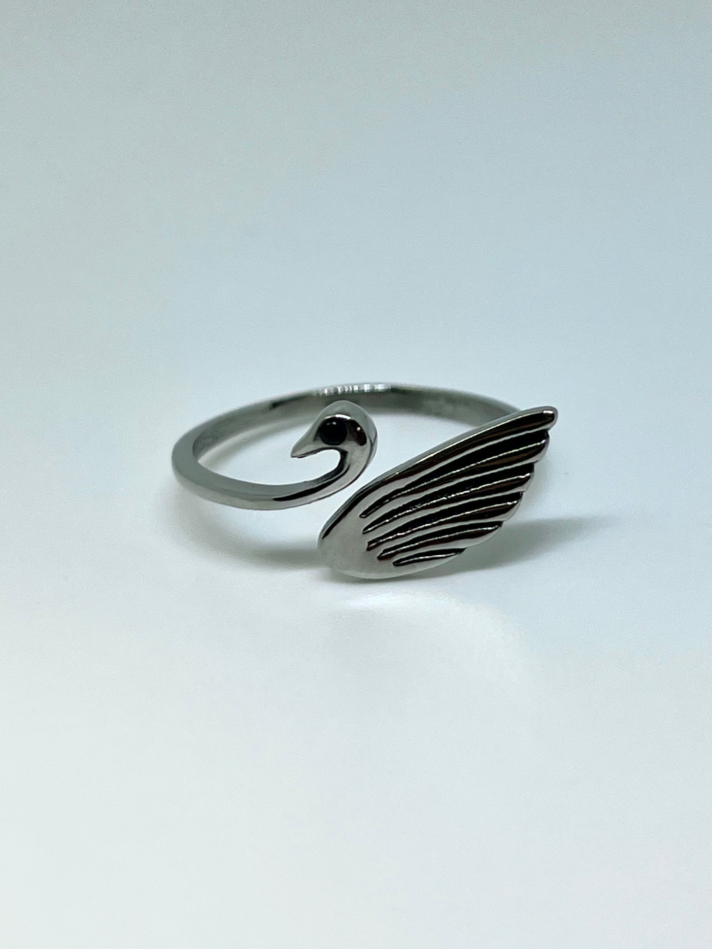 Silvery Stainless Steel Swan Ring with Black CZ Gem Eye