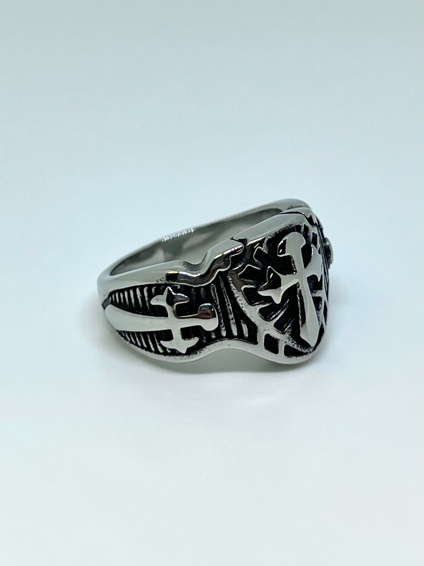 Silvery Stainless Steel Cross Shield Ring