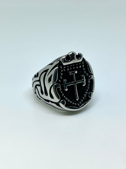 Silvery Stainless Steel Studded Cross Ring