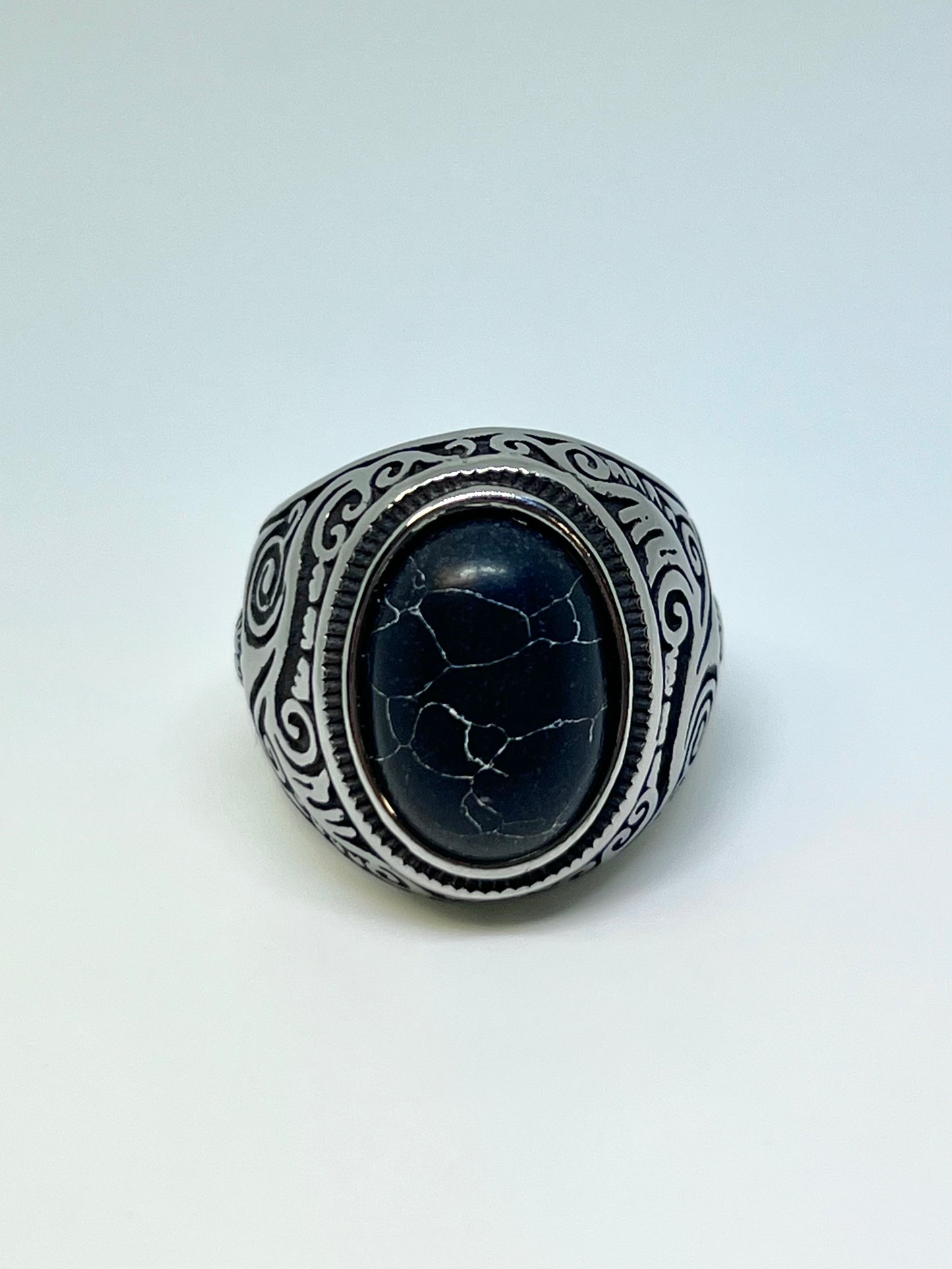 Silvery Stainless Steel Black Stone Ring