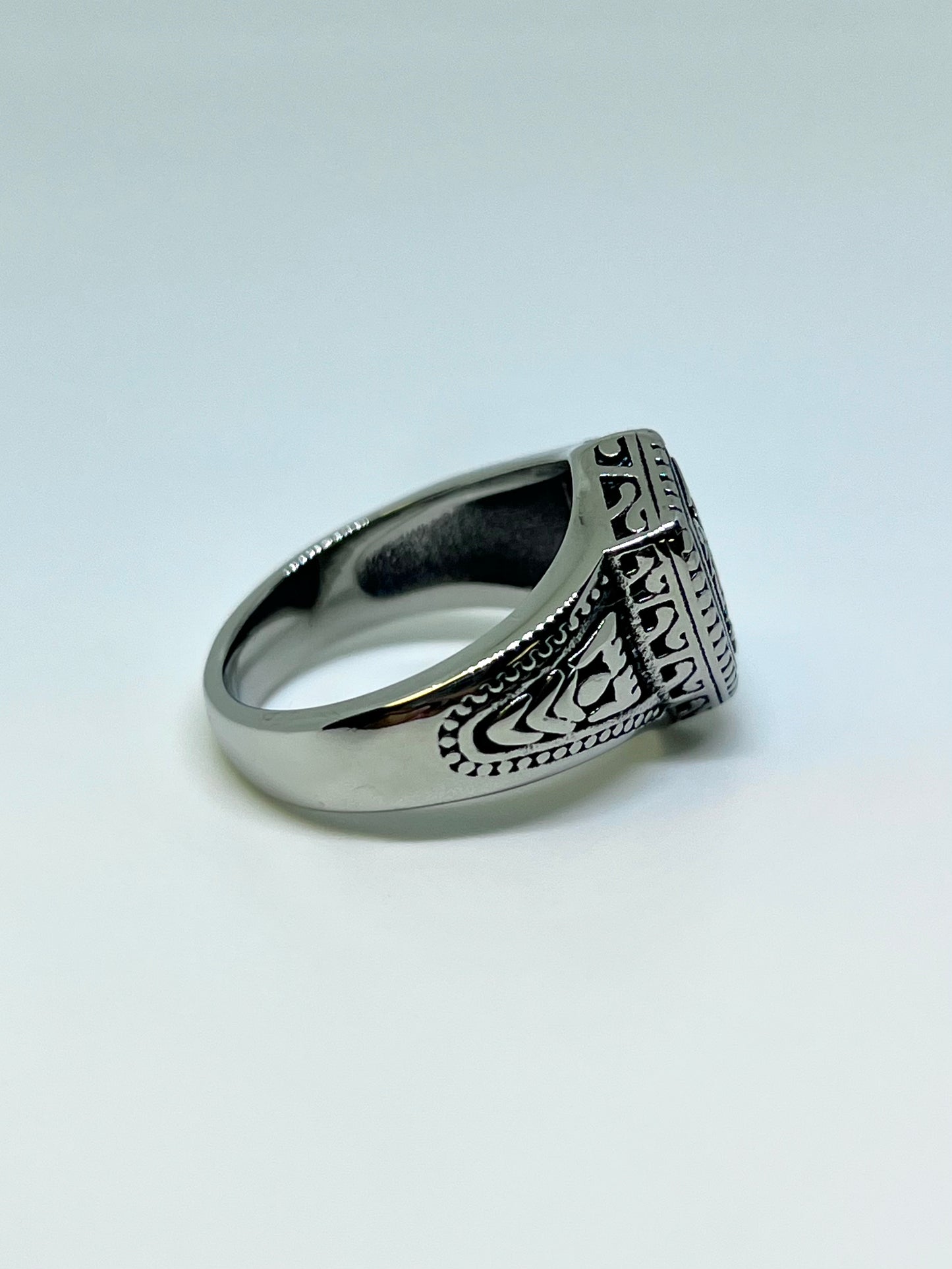 Silvery Stainless Steel Detailed Shield Ring