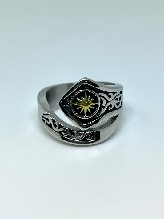 Silvery Stainless Steel Golden Star Ring